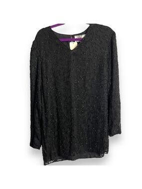 Felicity  Beaded Blouse Women's M Black Silk Formal Casual Deadstock Modest Glam